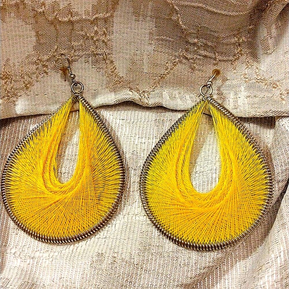 Y2K Large String Art Weaved Earrings Yellow Retro Tear Drop Copper Wired Summer - Picture 4 of 9